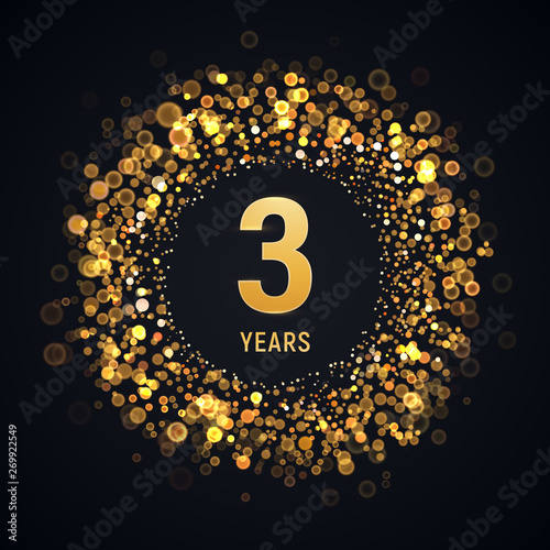 3 years anniversary isolated vector design element. Three birthday logo with blurred light effect on dark background
