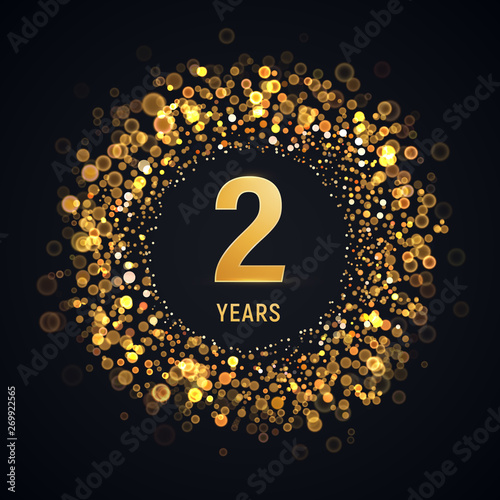 2 years anniversary isolated vector design element. Two birthday logo with blurred light effect on dark background