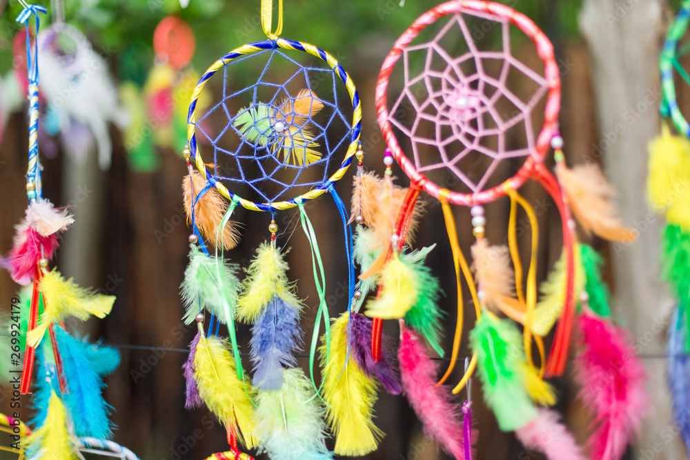 Colorful dreamcatcher on green summer tree in park. Nature, color concept