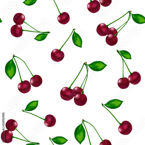 Seamless pattern of ripe cherries on a white background