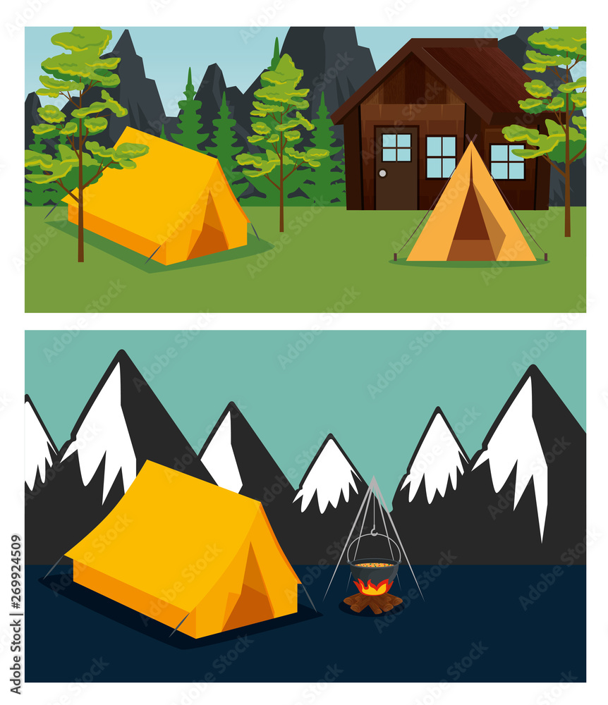 set of cabin and camp with trees and mountains