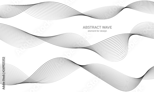 Abstract wave element for design. Digital frequency track equalizer. Stylized line art background. Vector illustration. Wave with lines created using blend tool. Curved wavy line, smooth stripe. photo