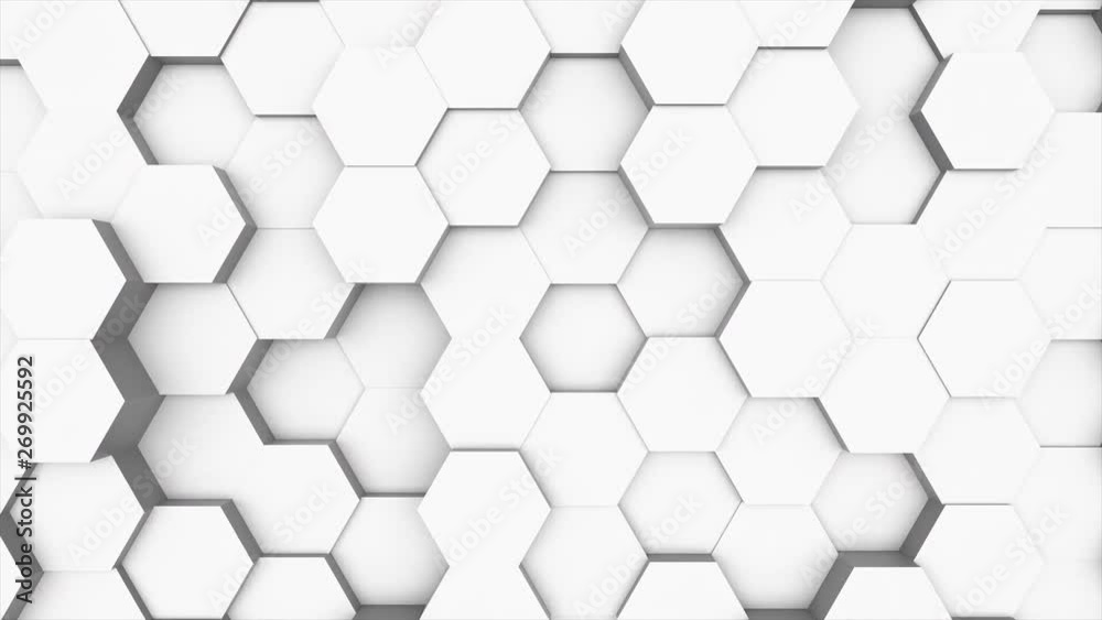 Random waving motion abstract background from hexagon geometric surface loop: light bright clean minimal hexagonal grid pattern, canvas in pure wall architectural white. Seamless loop cg 3d animation