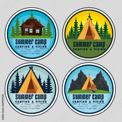 set of labels with cabin and camp to summer adventure