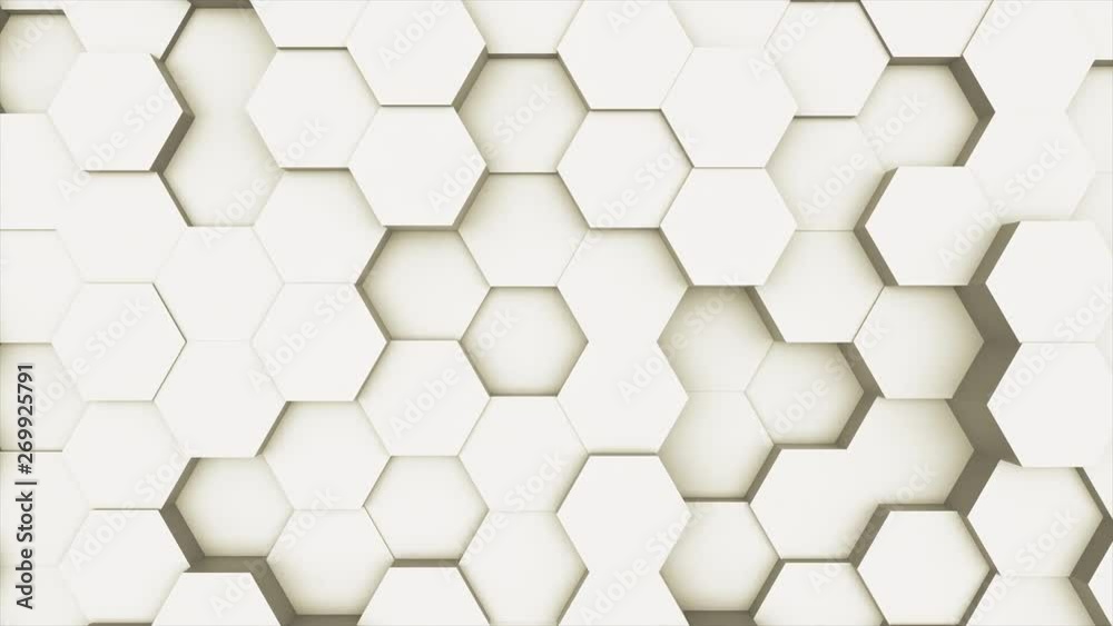 Random waving motion abstract background from hexagon geometric surface loop: light bright clean minimal hexagonal grid pattern, canvas in pure wall architectural white. Seamless loop cg 3d animation