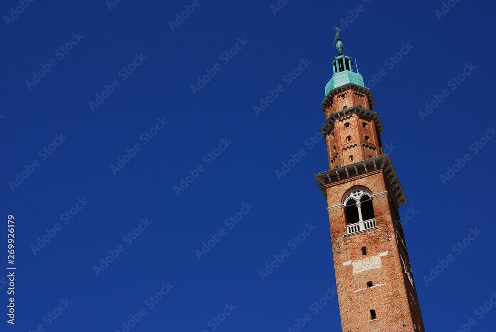 Bissara Tower with blue sky, completed in the 15th century, it's the tallest building in Vicenza (with copy space)