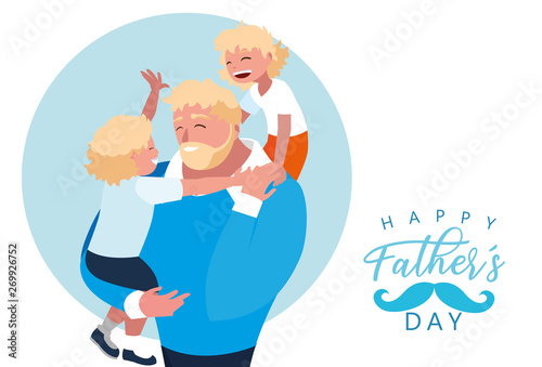 happy father day card with dad and children