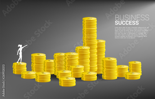 silhouette of businesswoman point forward to stack of coin. Concept of growth business, Success in Career path.