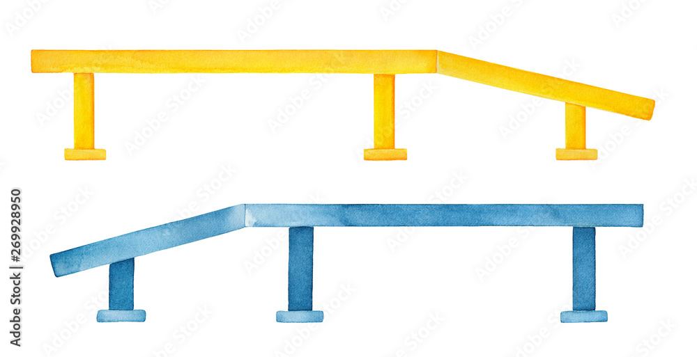 Watercolour set of modern square skateboarding rails for jumping and professional tricks. Handdrawn water color sketchy painting on white background, cutout clip art elements for design decoration. Watercolour set of modern square skateboarding rails for jumping and professional tricks. Handdrawn water color sketchy painting on white background, cutout clip art elements for design decoration.