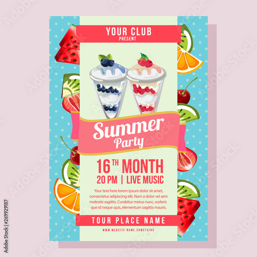 summer party poster holiday with polkadot background fruit beach