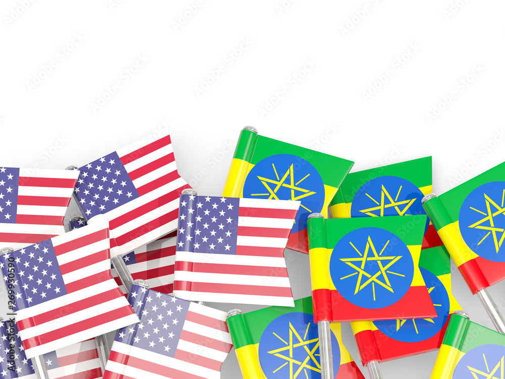 Obraz premium Pins with flags of United States and ethiopia isolated on white