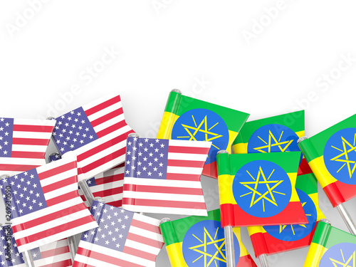 Pins with flags of United States and ethiopia isolated on white