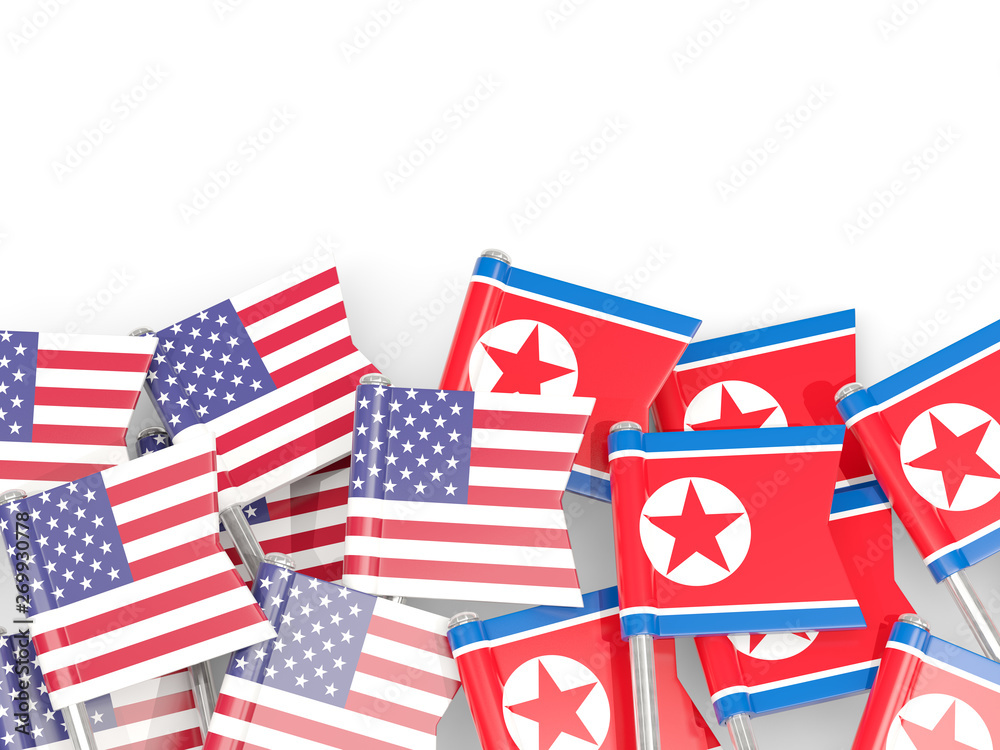 Fototapeta premium Pins with flags of United States and north korea isolated on white