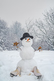 Cute snowman in hat and scarf on snowy field. Snowmen. Merry Christmas and Happy new year. Funny snowmen. Snowman the friend is standing in winter hat and scarf with red nose.