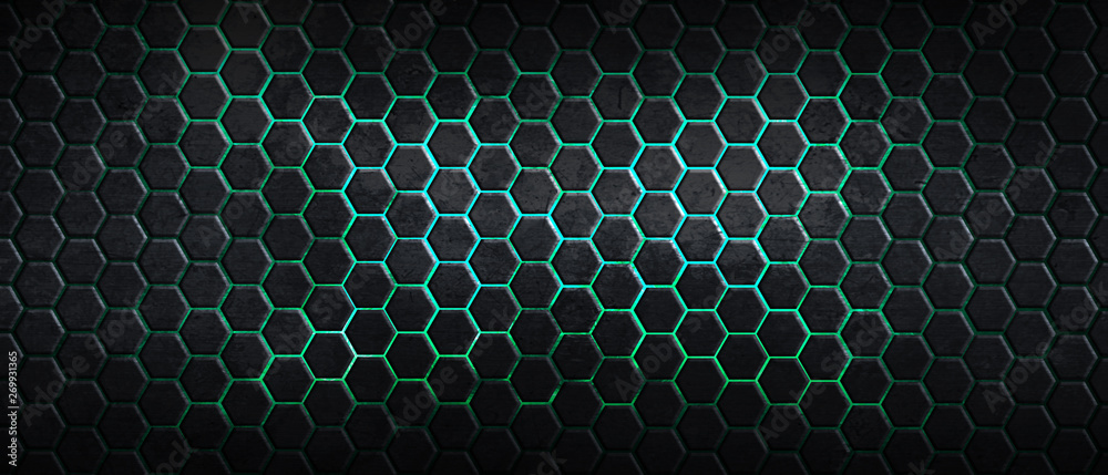 dark hexagon background and green light - obrazy, fototapety, plakaty 