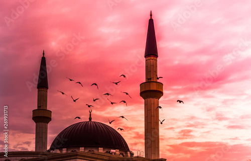 mosque at pink sunrise with birds