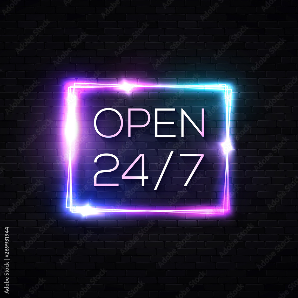 Open sign. 24 hours 7 days a week. Nightlife street object. Neon light rectangle frame on black brick wall background. Night club or bar advertising square signboard. 24/7 laser vector illustration. Open sign. 24 hours 7 days a week. Nightlife street object. Neon light rectangle frame on black brick wall background. Night club or bar advertising square signboard. 24/7 laser vector illustration.