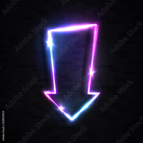 Neon glowing arrow pointer on black brick wall background. Colorful and shining retro light sign. 1980s style nightlife signboard design element. Bright illuminated street object vector illustration.