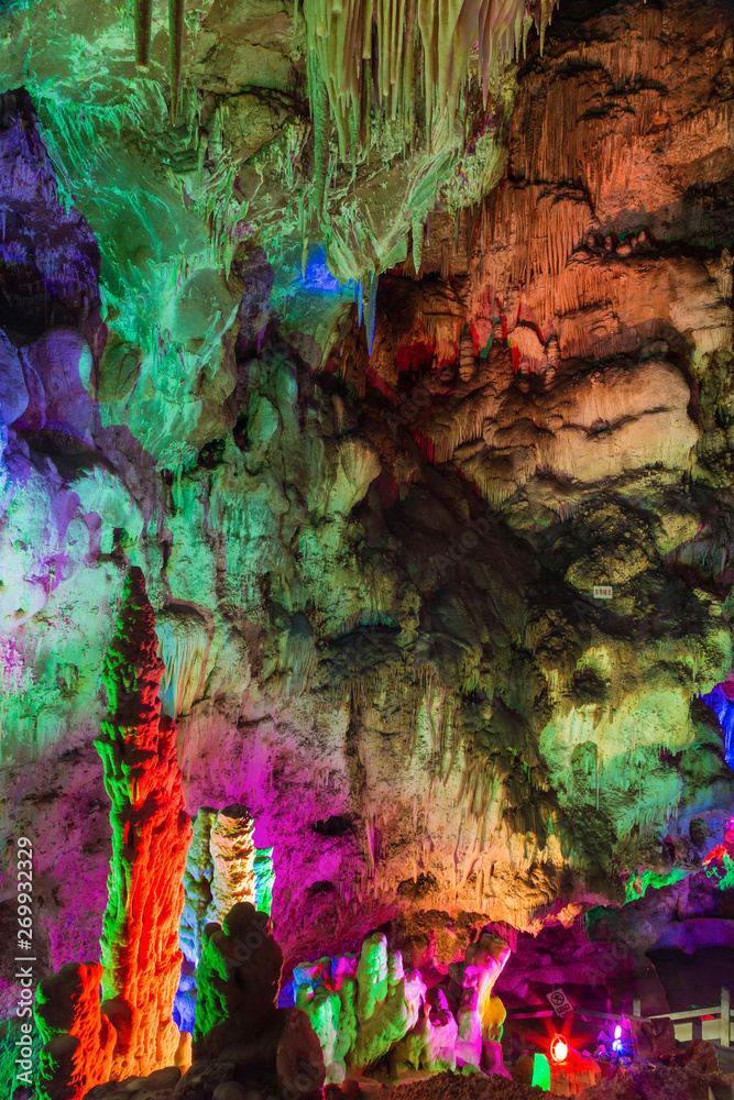 Inside Karst cave, there were colored lights Inside Karst cave, there were colored lights