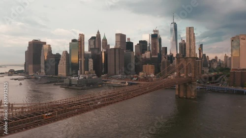 Amazing view on the Brooklyn and Manhattan bridge from above at sunset in New York, USA.