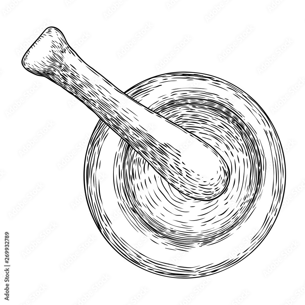 Mortar and pestle vintage engraving hand drawing. Isolated on white