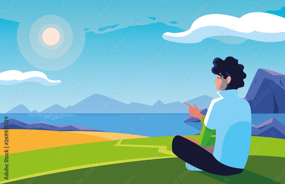 man seated observing landscape with lake man seated observing landscape with lake