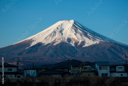Close-up on Mount Fuji and small village  Japan