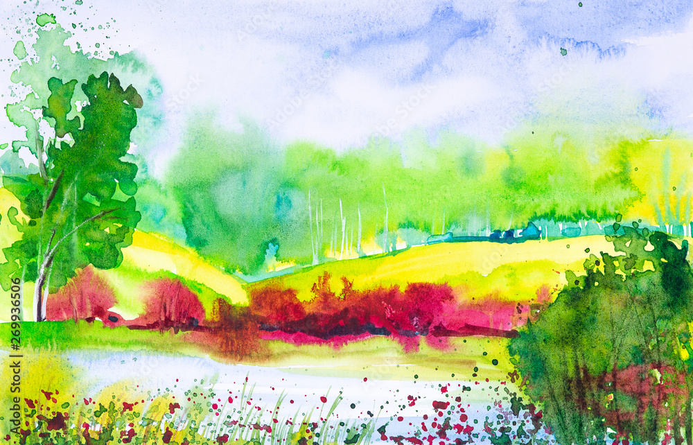 Obraz Bright watercolor illustration of a Russian field with flowers with a forest in the background on the lake
