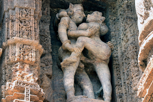 Konark Sun Temple in Odisha, India. Erotism and origin of kamasutra in Indian sculpture. Erotic sculpture of Konark temple. photo