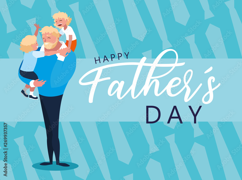 happy father day card with dad and children happy father day card with dad and children