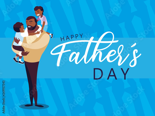 happy father day card with dad and children
