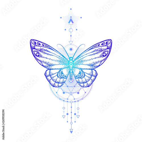 Vector illustration with hand drawn butterfly and Sacred geometric symbol on white background. Abstract mystic sign.