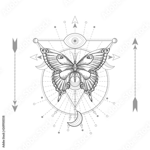 Vector illustration with hand drawn butterfly and Sacred geometric symbol on white background. Abstract mystic sign.