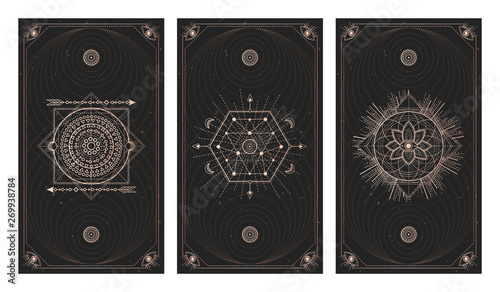 Vector set of three dark backgrounds with geometric symbols, grunge textures and frames.