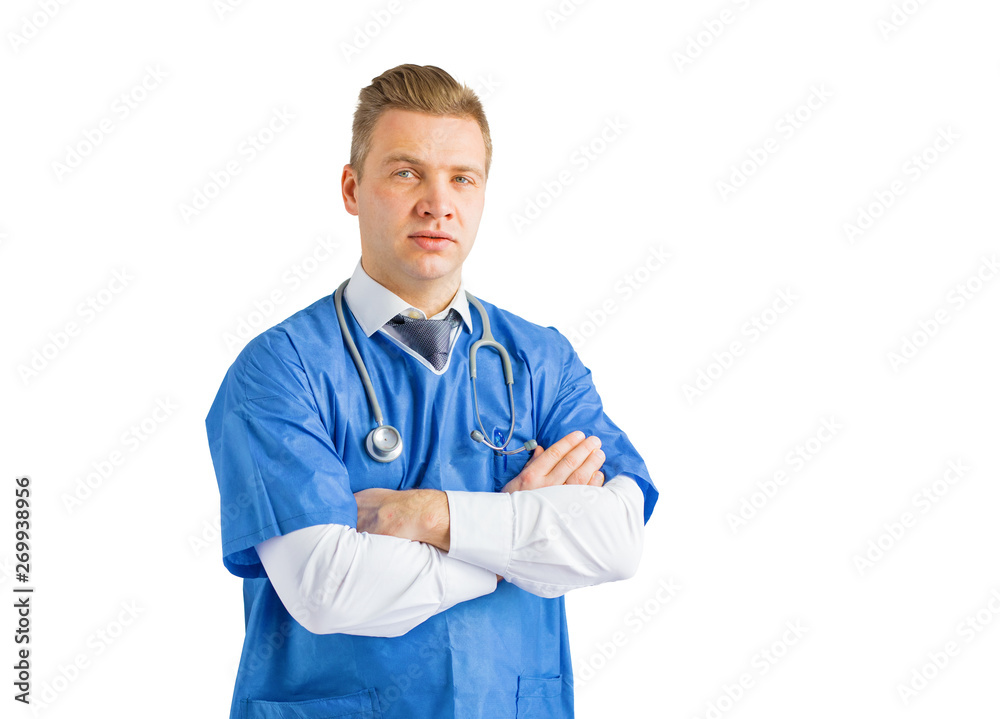 Doctor standing with crossed arms, portrait isolated on white background Doctor standing with crossed arms, portrait isolated on white background