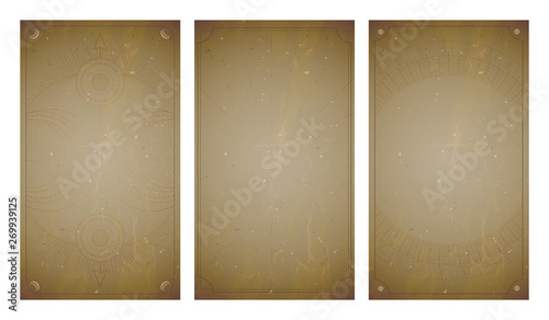 Vector set of three vintage backgrounds with geometric symbols and frames. Abstract geometric symbols and sacred mystic signs drawn in lines.