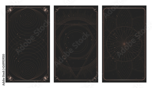 Vector set of three dark backgrounds with geometric symbols, grunge textures and frames. Abstract geometric symbols and sacred mystic signs drawn in lines.