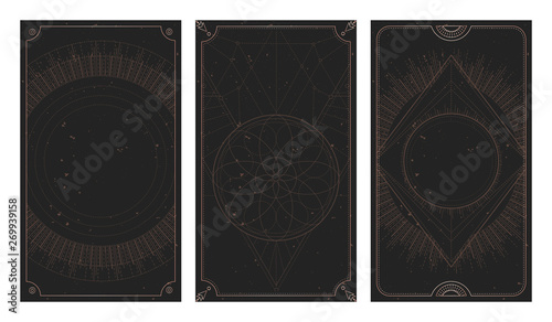 Obraz na plátně Vector set of three dark backgrounds with geometric symbols, grunge textures and frames