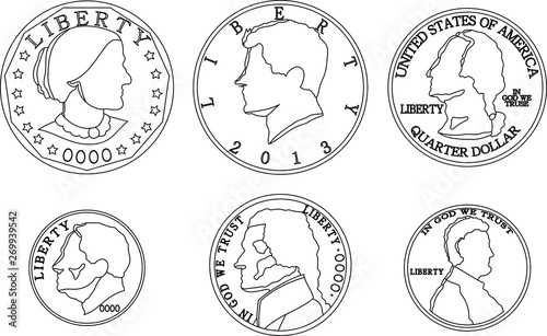 US American cent coin outline set