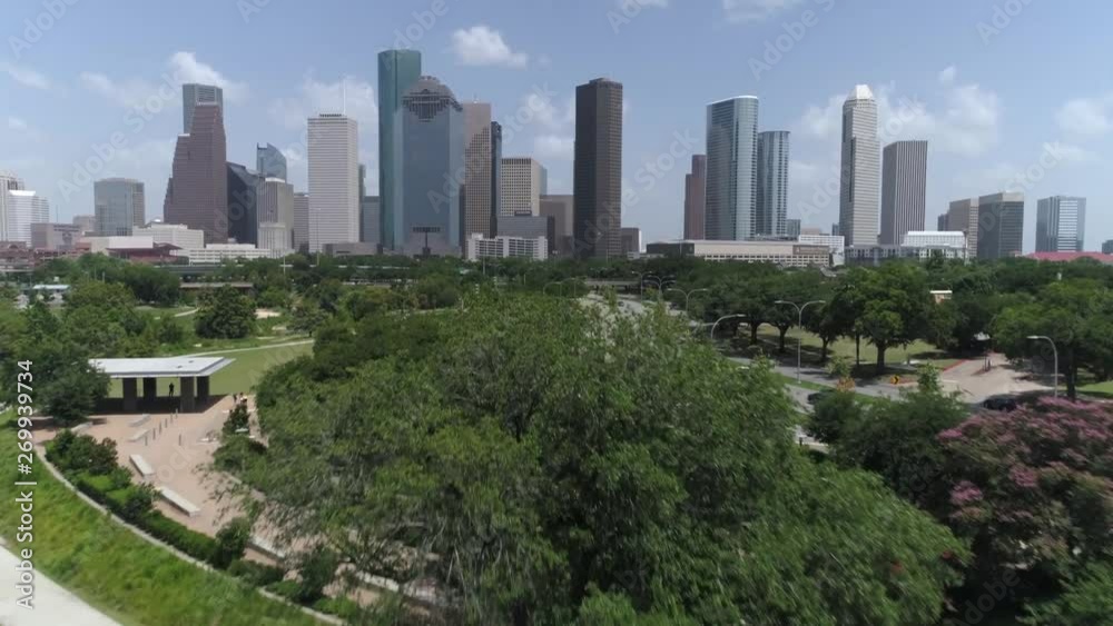 This video is about an aerial of downtown Houston skyline across from Elanor Tinsley Park. This video was filmed in 4k for best image quality.