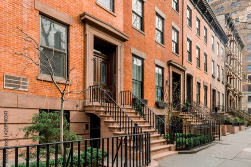 Brownstone facades & row houses in an iconic neighborhood of Brooklyn Heights in New York City