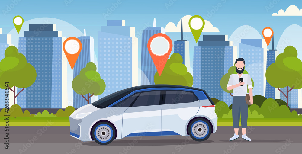 Naklejka premium man using online ordering taxi car sharing concept mobile transportation carsharing service location geo tag modern city street cityscape background horizontal