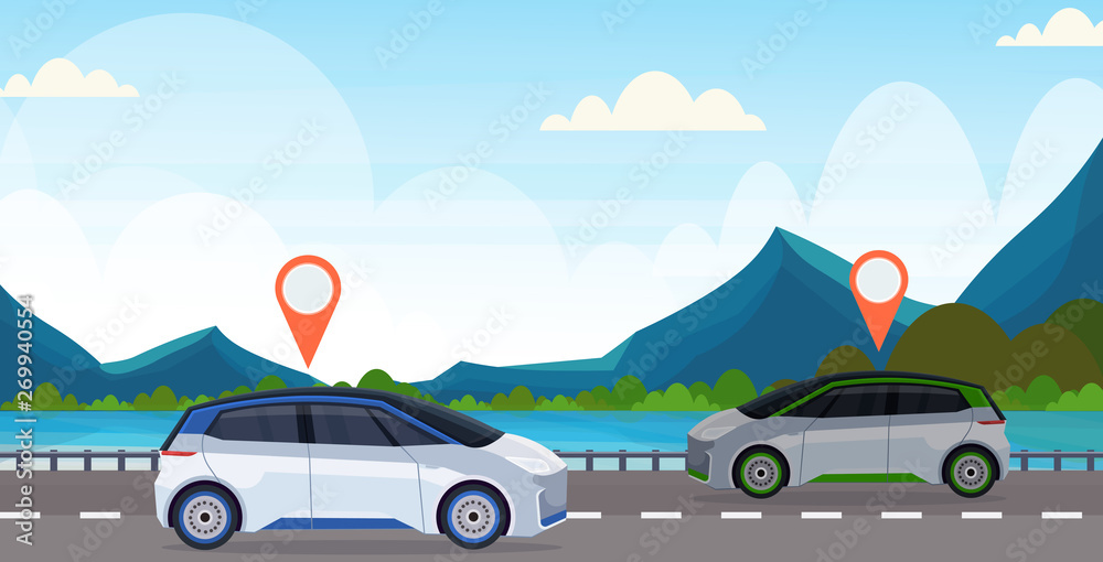 automobile with location pin on road online ordering taxi car sharing concept mobile transportation carsharing service mountains river landscape background flat horizontal