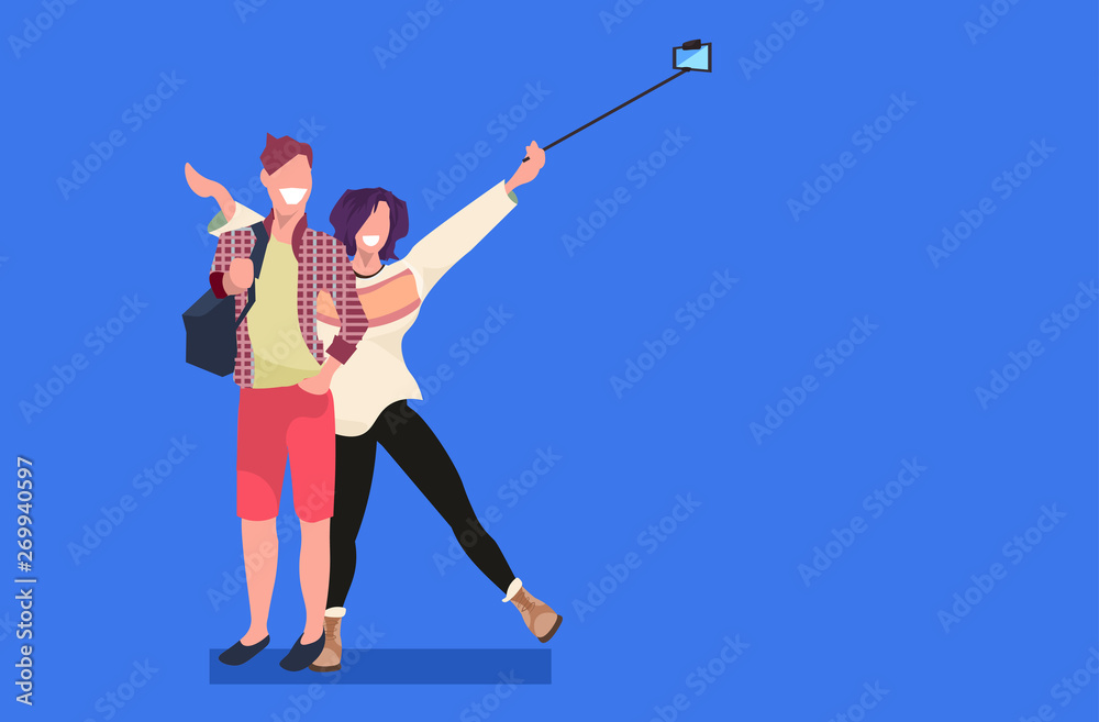 couple taking selfie photo on smartphone camera man woman standing together female male cartoon characters posing flat full length horizontal couple taking selfie photo on smartphone camera man woman standing together female male cartoon characters posing flat full length horizontal