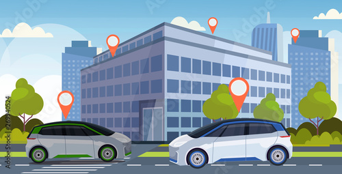 cars with location pin on road online ordering taxi car sharing concept mobile transportation carsharing service modern city street cityscape background flat horizontal