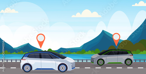 automobile with location pin on road online ordering taxi car sharing concept mobile transportation carsharing service mountains river landscape background flat horizontal © mast3r