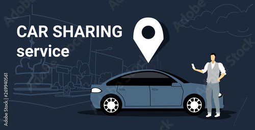 man using mobile carsharing application online ordering taxi car sharing concept transportation service vehicle with location pin modern city street cityscape background sketch horizontal
