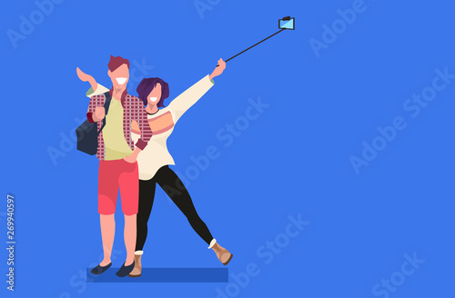 couple taking selfie photo on smartphone camera man woman standing together female male cartoon characters posing flat full length horizontal