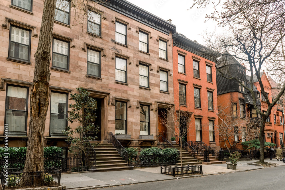 Brownstone facades & row houses  in an iconic neighborhood of Brooklyn Heights in New York City