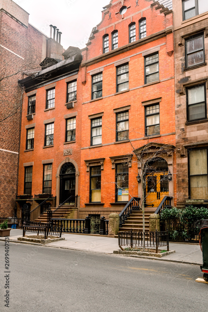 Brownstone facades & row houses  in an iconic neighborhood of Brooklyn Heights in New York City
